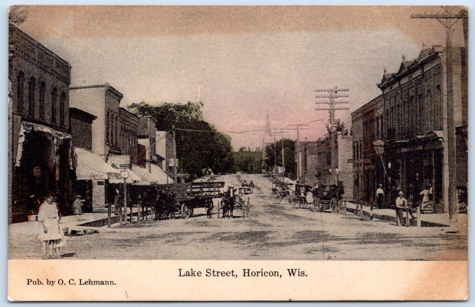Postcard WI Horicon Wisconsin Lake Street Horses Wagons OC Lehmann B73