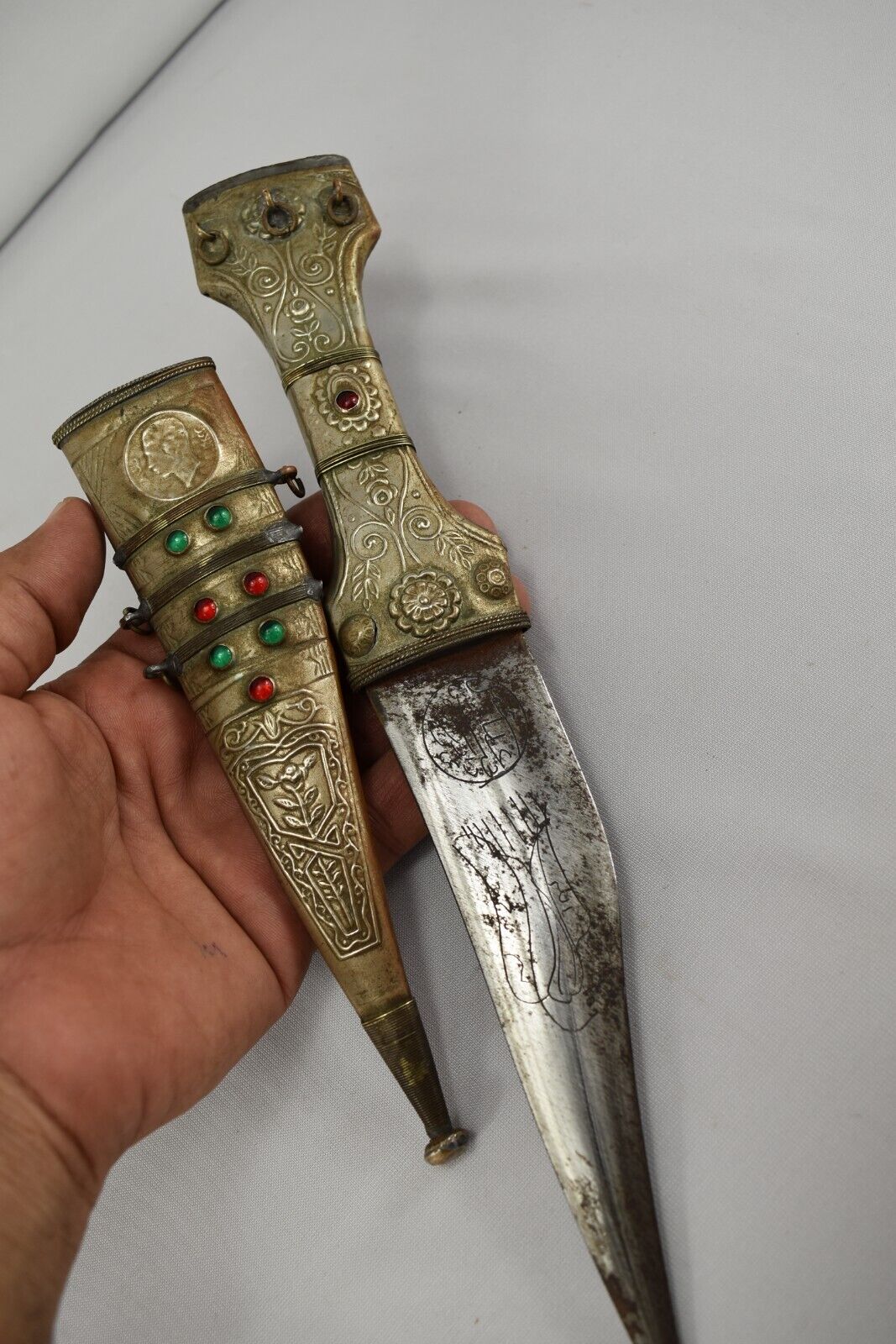 Antique Islamic Arabic Iraq Oriental Dagger Koummya Bejeweled Signed Maker