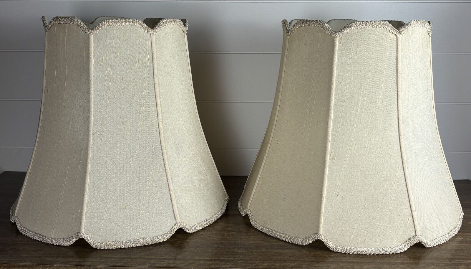 Pair Vintage Bell Shaped Lamp Shades Fabric Cottage Linen Beige Farmhouse