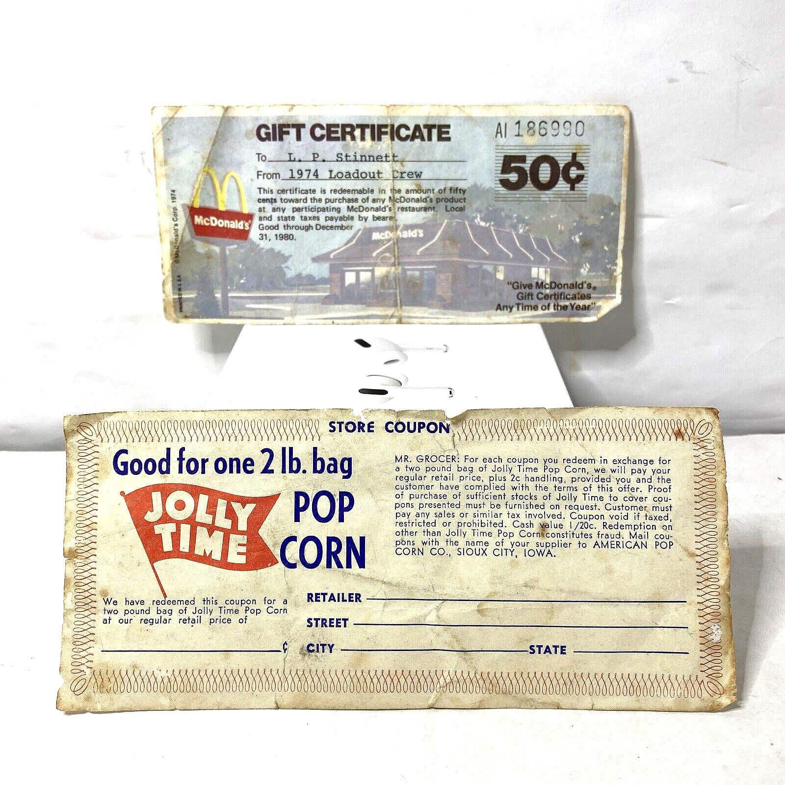 Vintage 1974 Mcdonalds 50 Cent Gift Certificate and Jolly time coupon