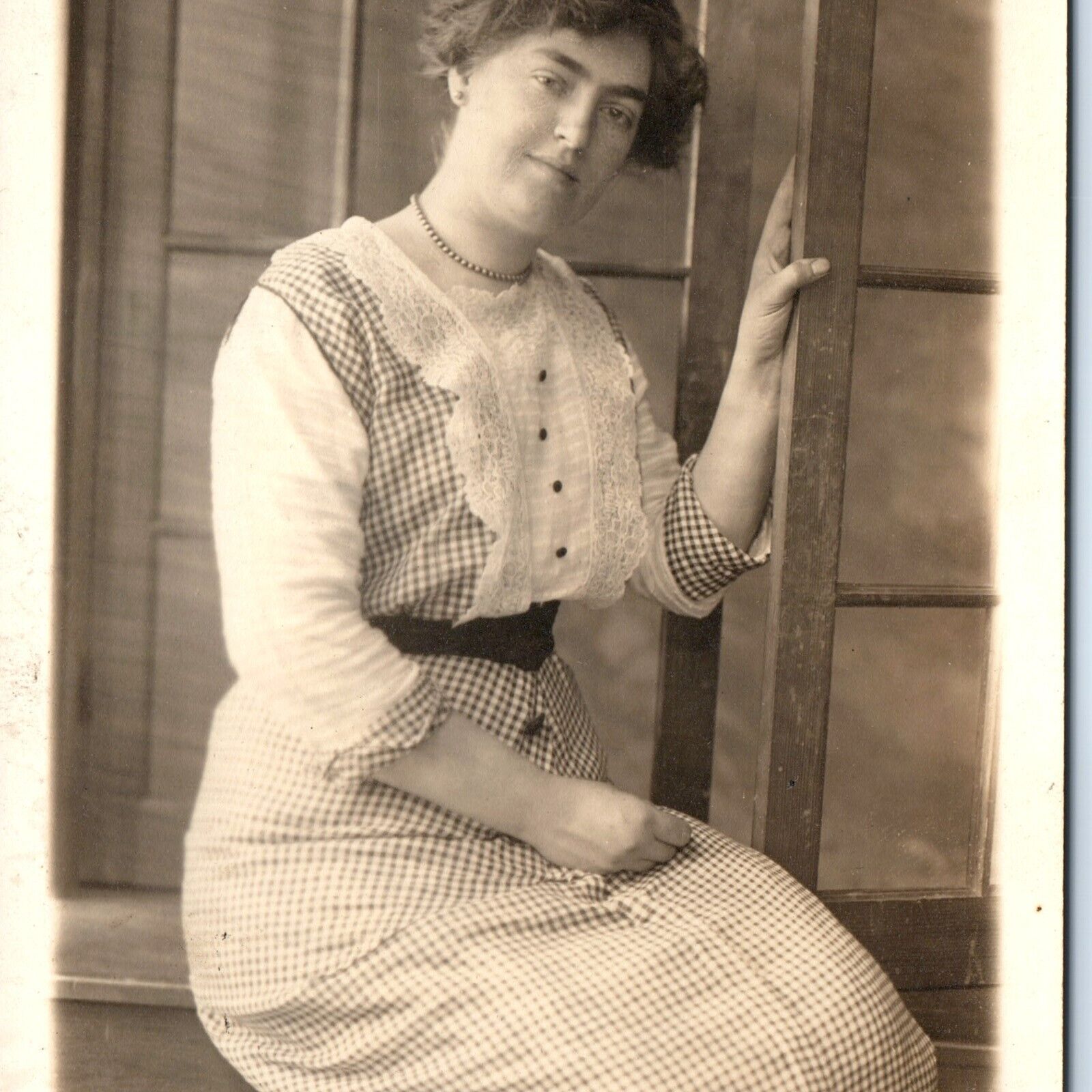 c1910s Detroit, MI Bushy Eyebrow Girl Lady RPPC Real Photo Jackson Postcard A111