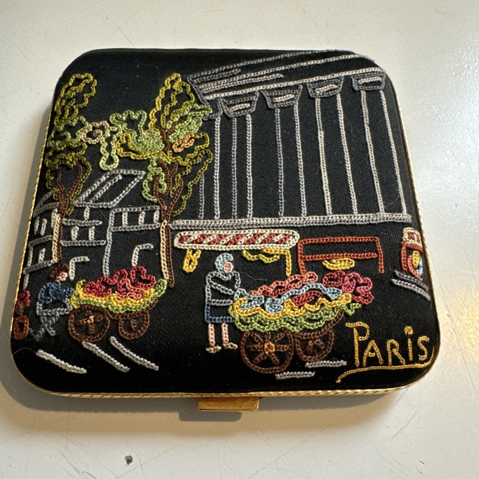 VTG FRENCH POWDER COMPACT BRODERIE MAIN FRANCE Street Scene Embroidered Black