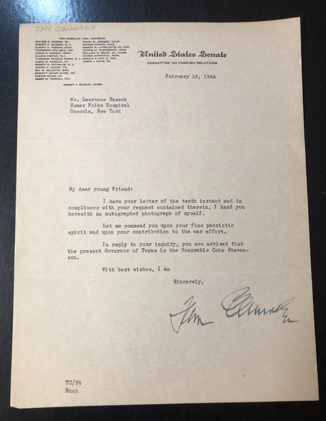 1944 U.S. Senator Thomas Terry Connally Signed Letter Represented Texas