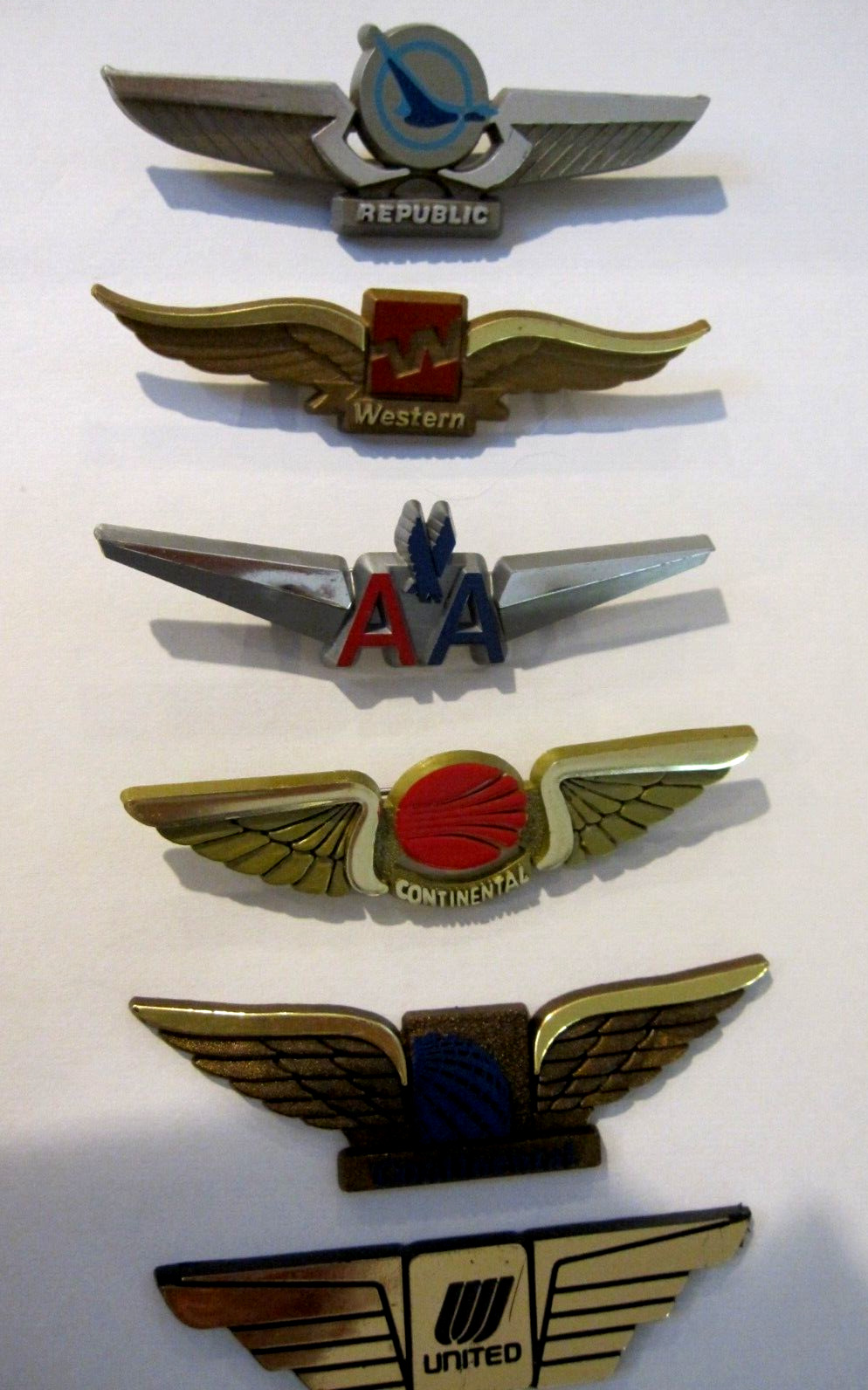 6-Vtg Jr Pilot Wings REPUBLIC, WESTERN, AMERICAN AIRLINES, 2-CONTINENTAL, UNITED