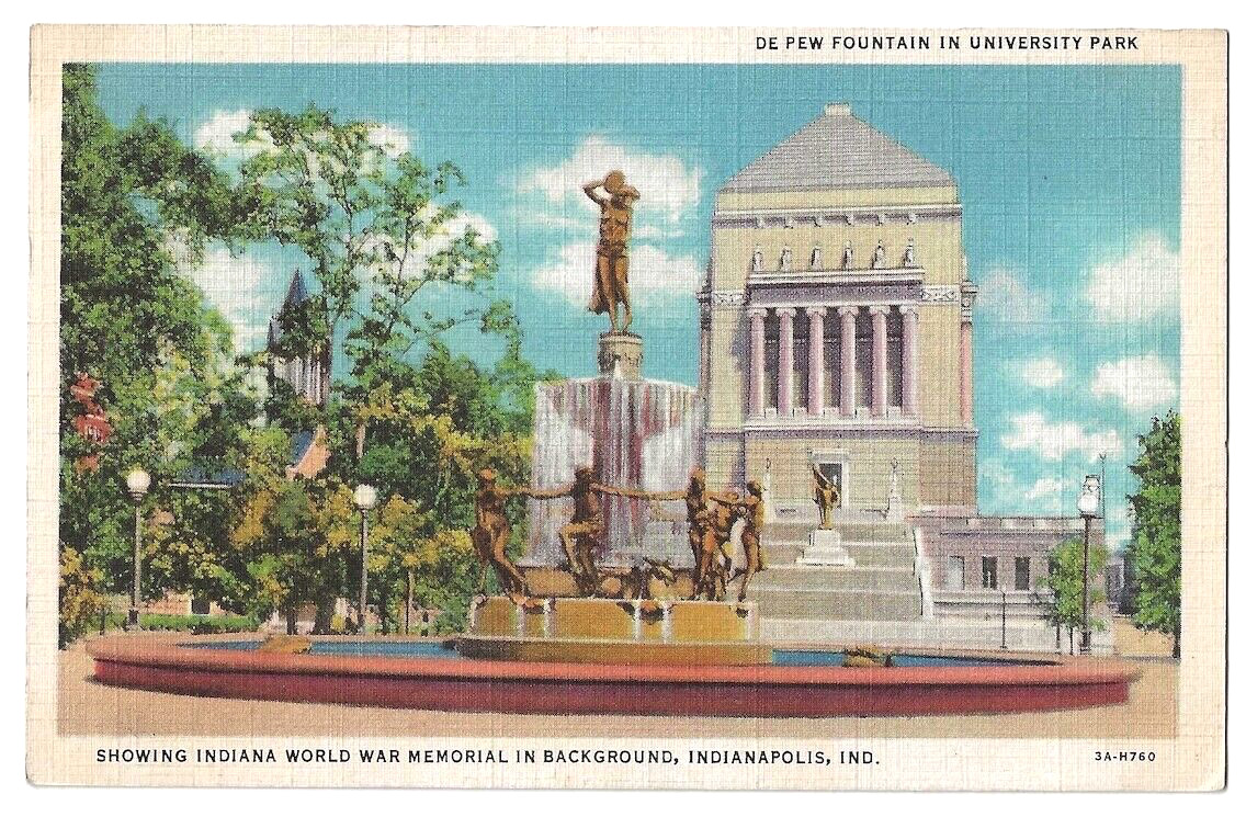 Indianapolis Indiana c1930's De Pew Fountain, Park, Indiana World War Memorial