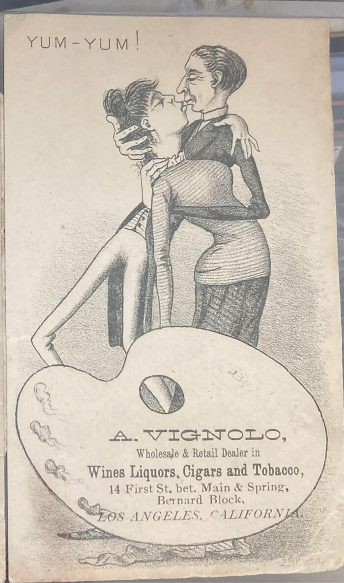 1881 Victorian Trade Card-YUM-YUM -A VIGNOLO LIQUORS CIGARS LOS ANGELES,CA