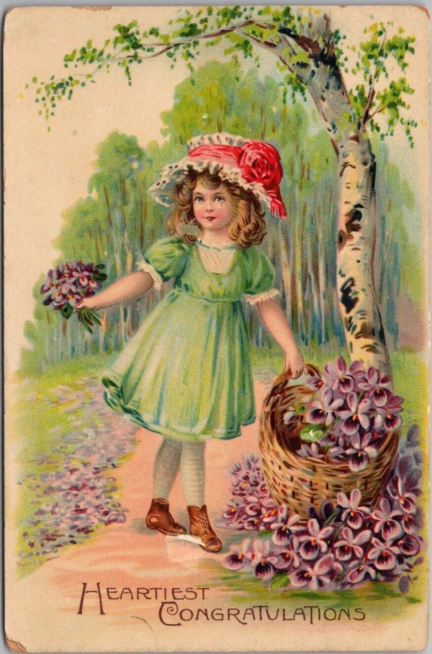 c1910s GEL Greetings Postcard Girl / Violet Flowers \