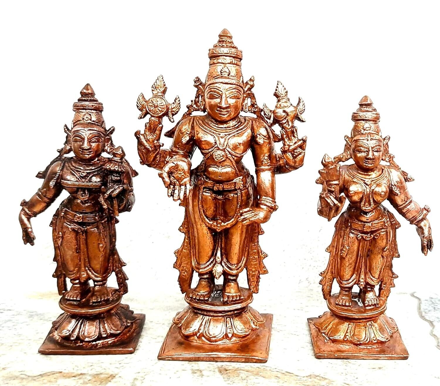 Handmade Copper Lord Venkateswara with Sridevi Bhudevi 3.9 inches Patina Antique