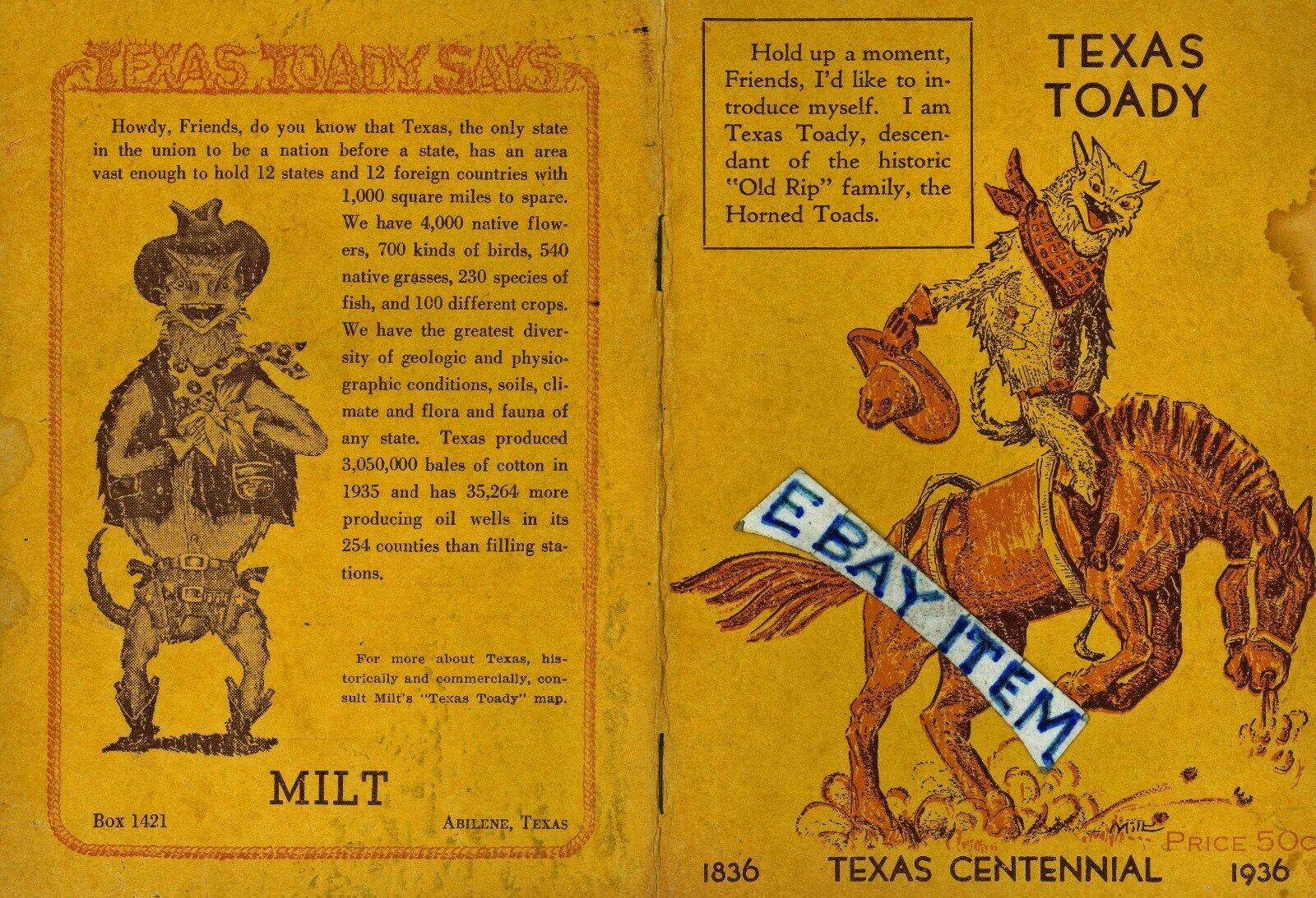 1936 TEXAS TOADY Milton Woodrow McKenzie of ABILENE Dallas TEXAS CENTENNIAL TX