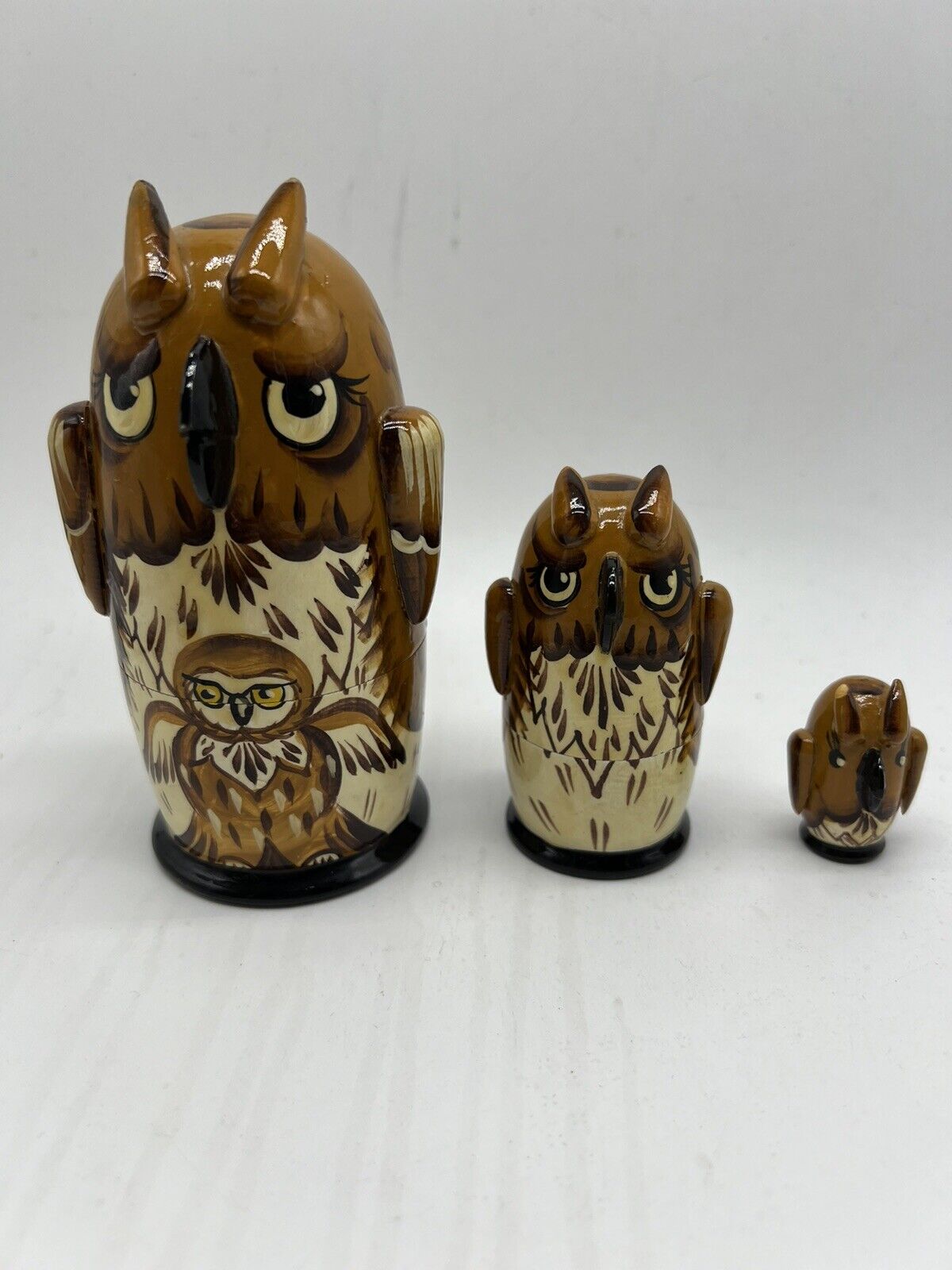 Vintage Russian Matryoshka 3 Nesting Doll Owl Family Lacquer Painted
