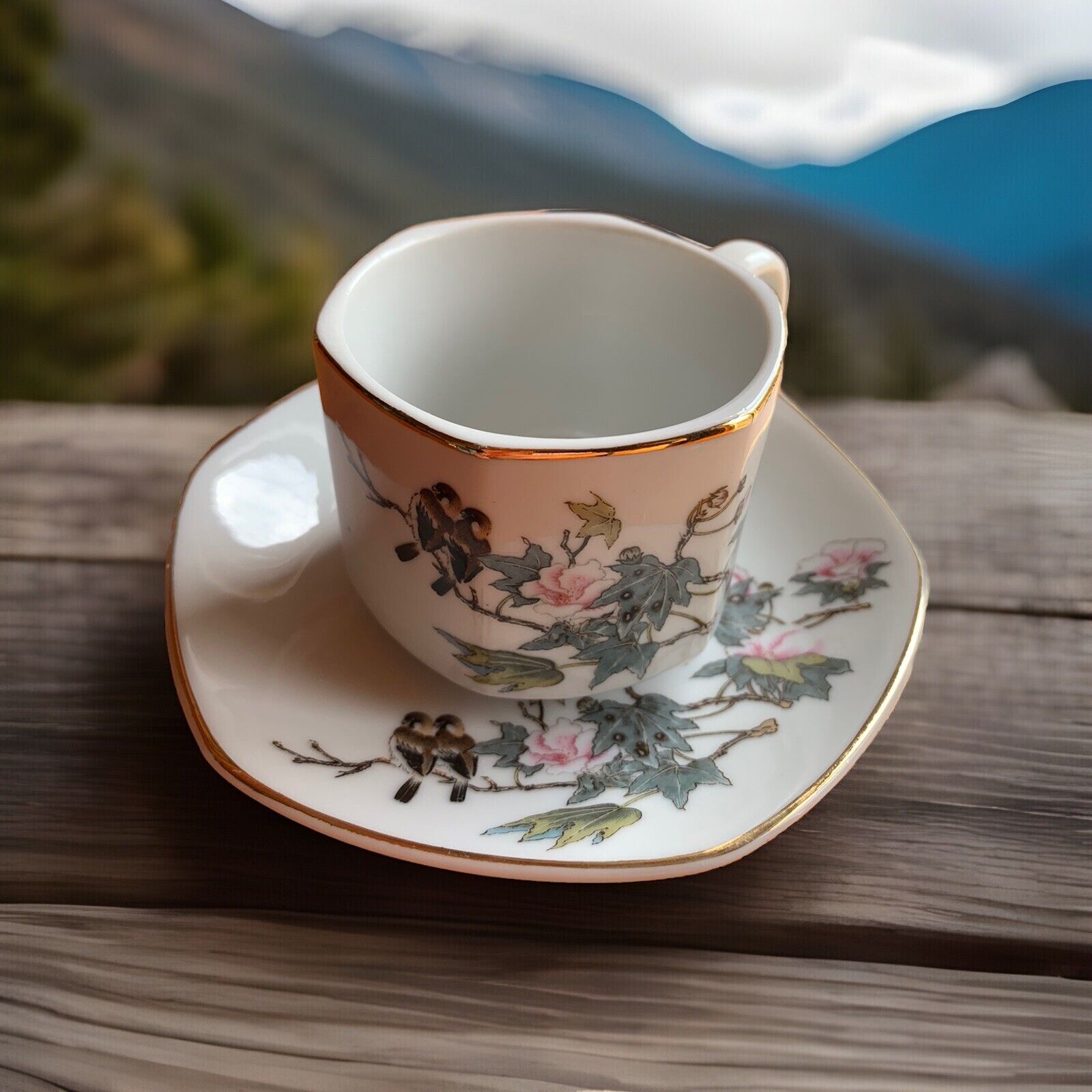 VTG Porcelain tea cup w/saucer Lovebirds & Cherry Blossoms Hand Painted Japan