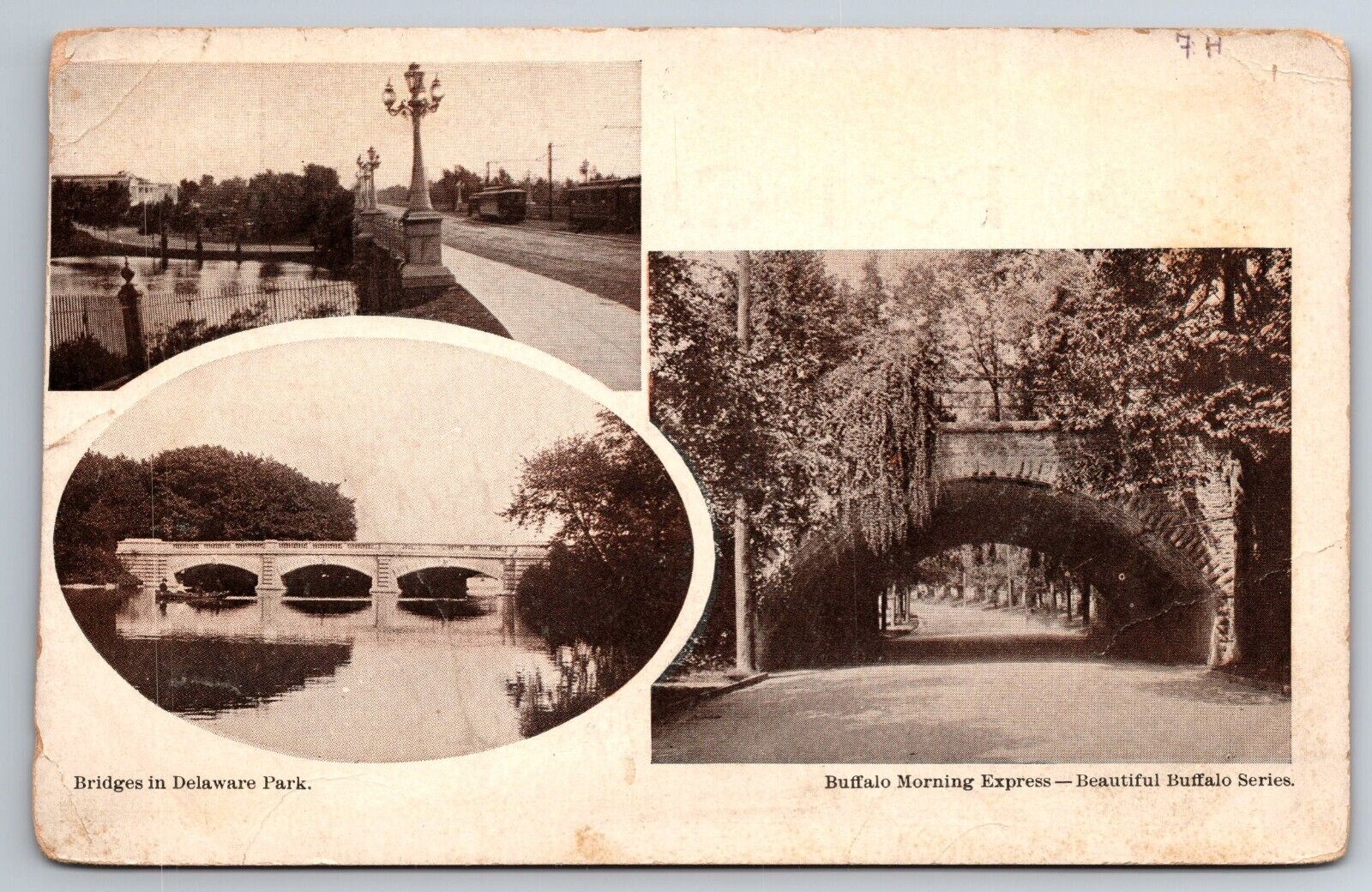 Vintage Postcard NY Buffalo Delaware Park Bridge Open Back Buffalo Series -*7675