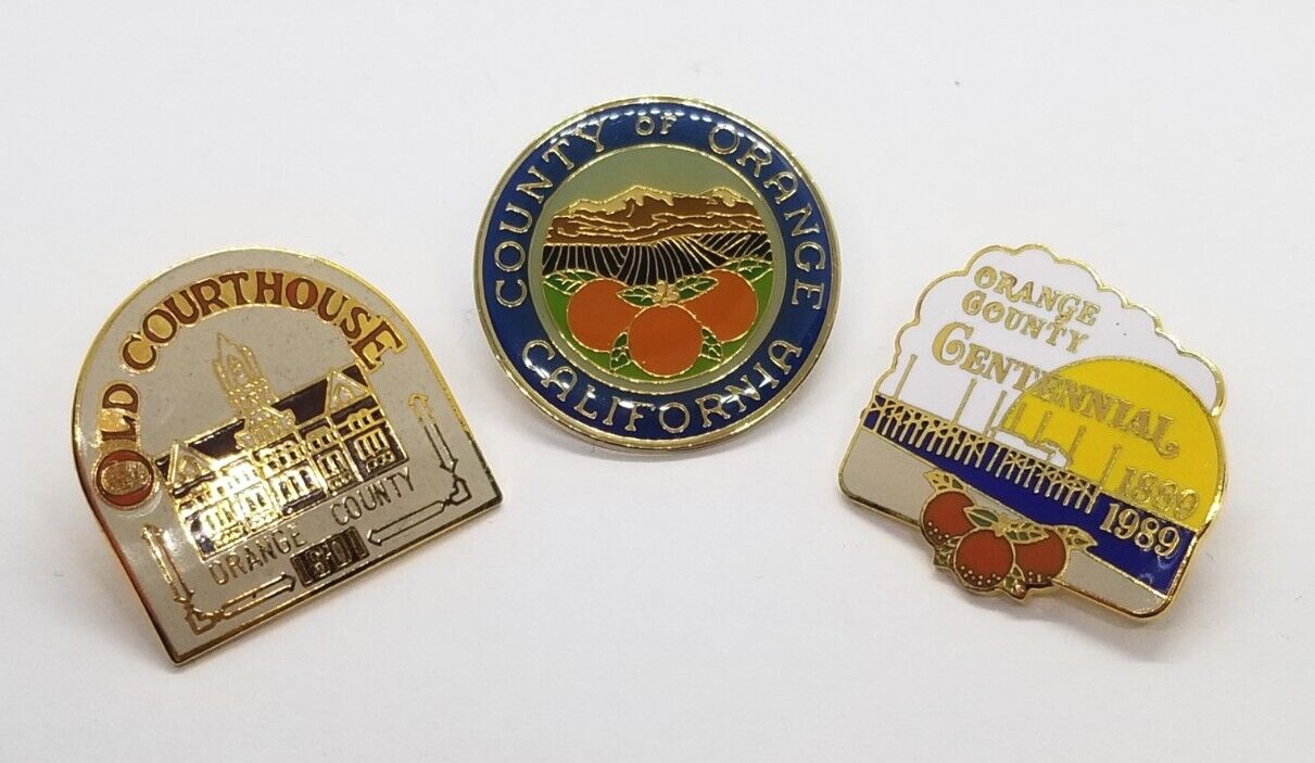 Lot of 3 Vintage Orange County CA Lapel Hat Pins - Seal Courthouse Centennial