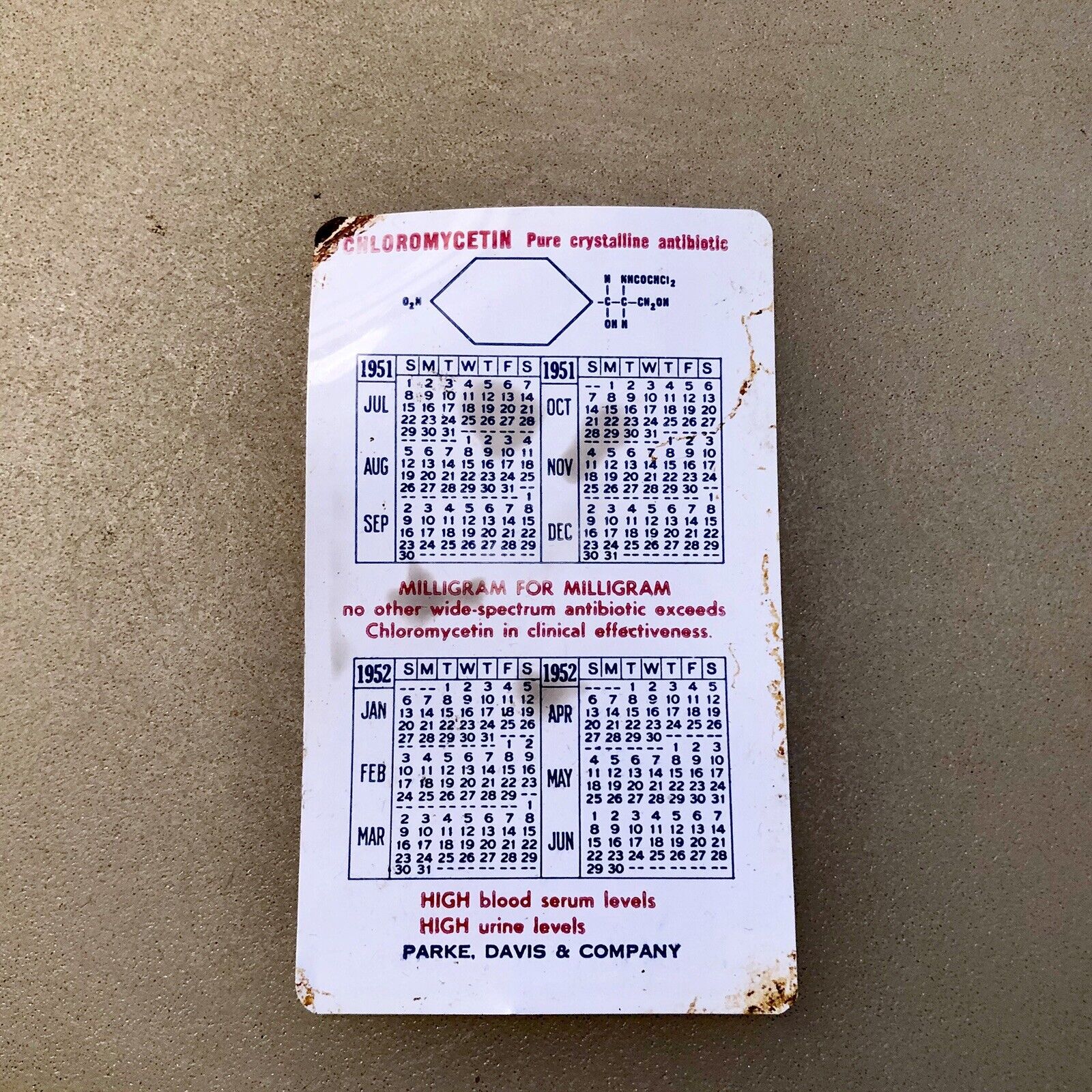 Vintage 1951-1952 Celluloid Pocket Calendar Parke Davis Chloromycetin Medicine