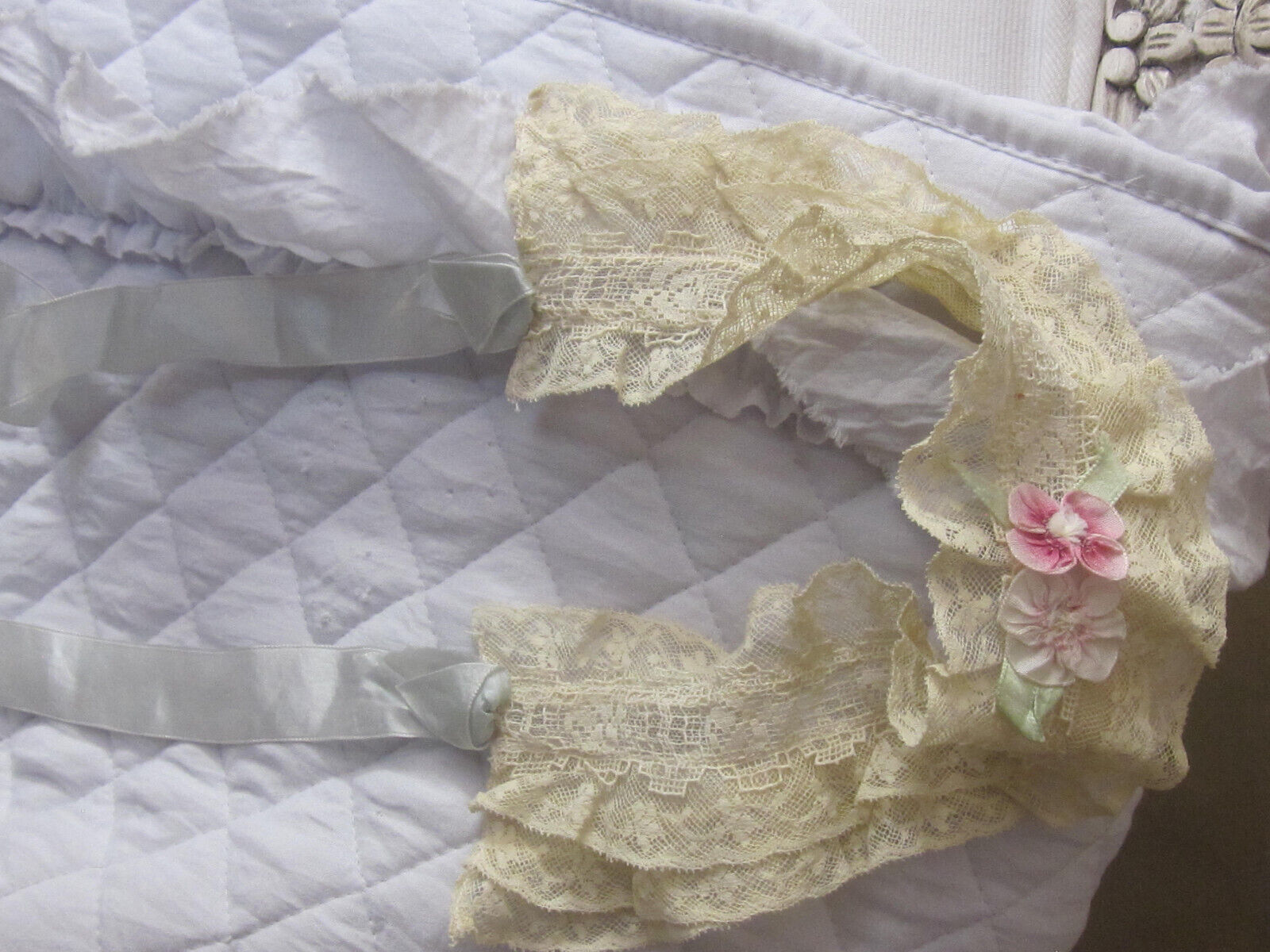 ANTIQUE SILK RIBBON WORK hand made with antique lace and ribbons unused,lovely.
