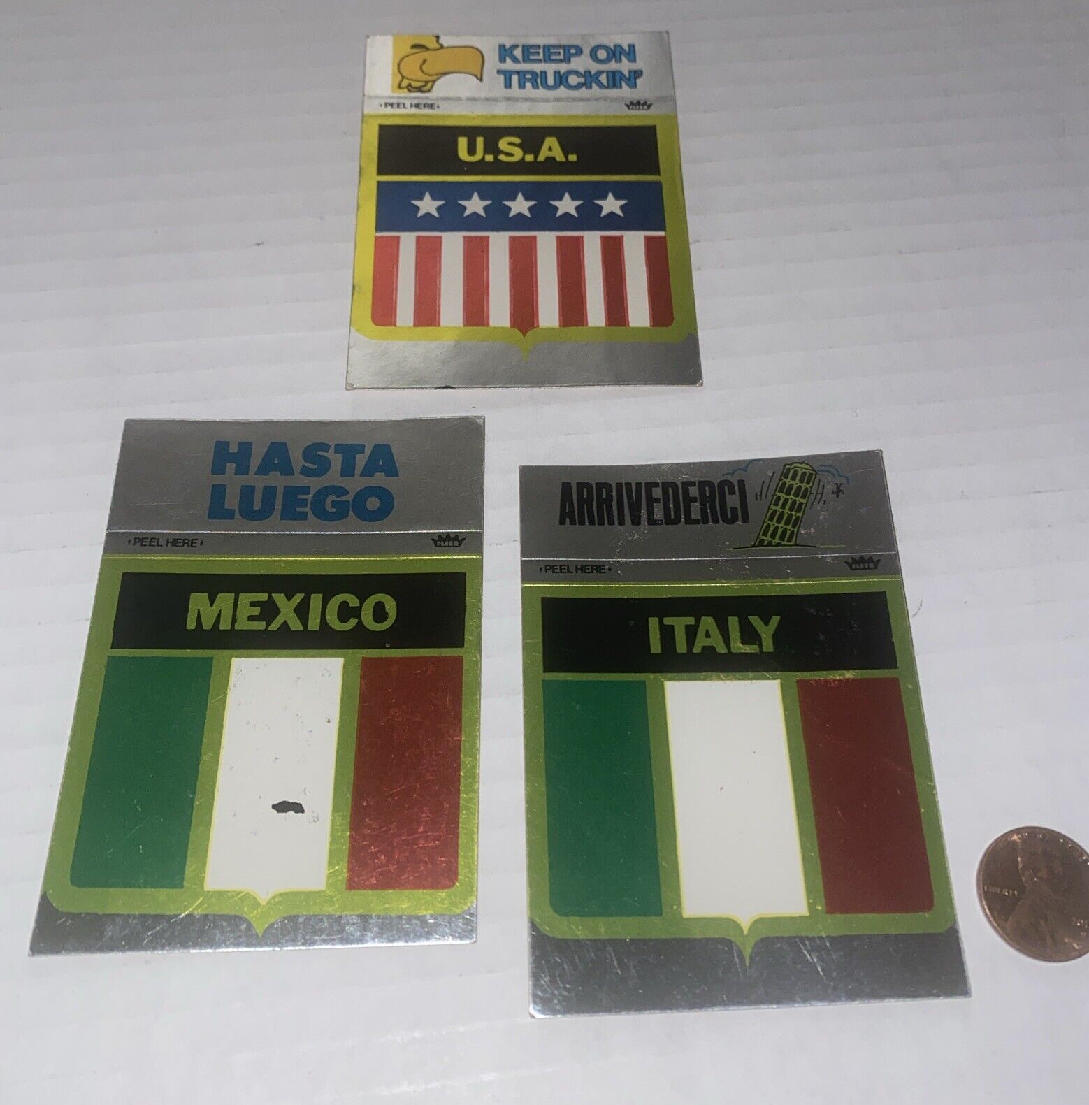 Vintage 1970s 3 LOT FLEER Shiny Metallic Country Stickers Mexico USA Italy