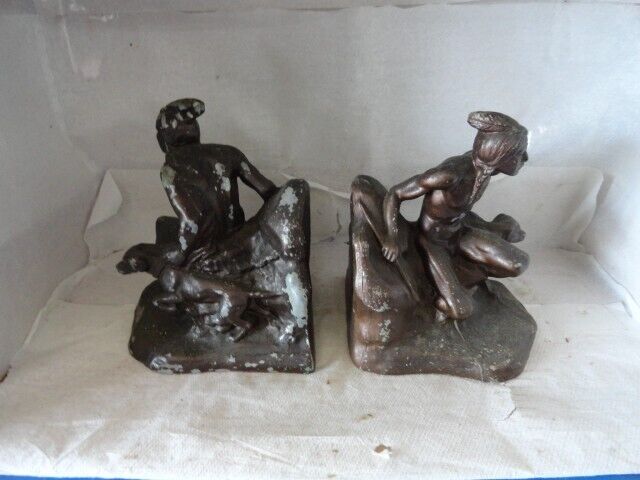 Antique Jennings Brothers Indian w/ Dog Metal Bookends