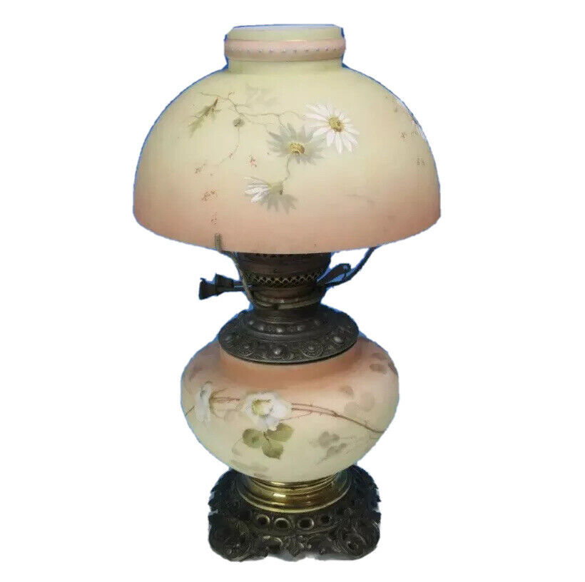 Antique Victorian Mt. Washington Glass Floral Double Wick Hurricane Oil Lamp