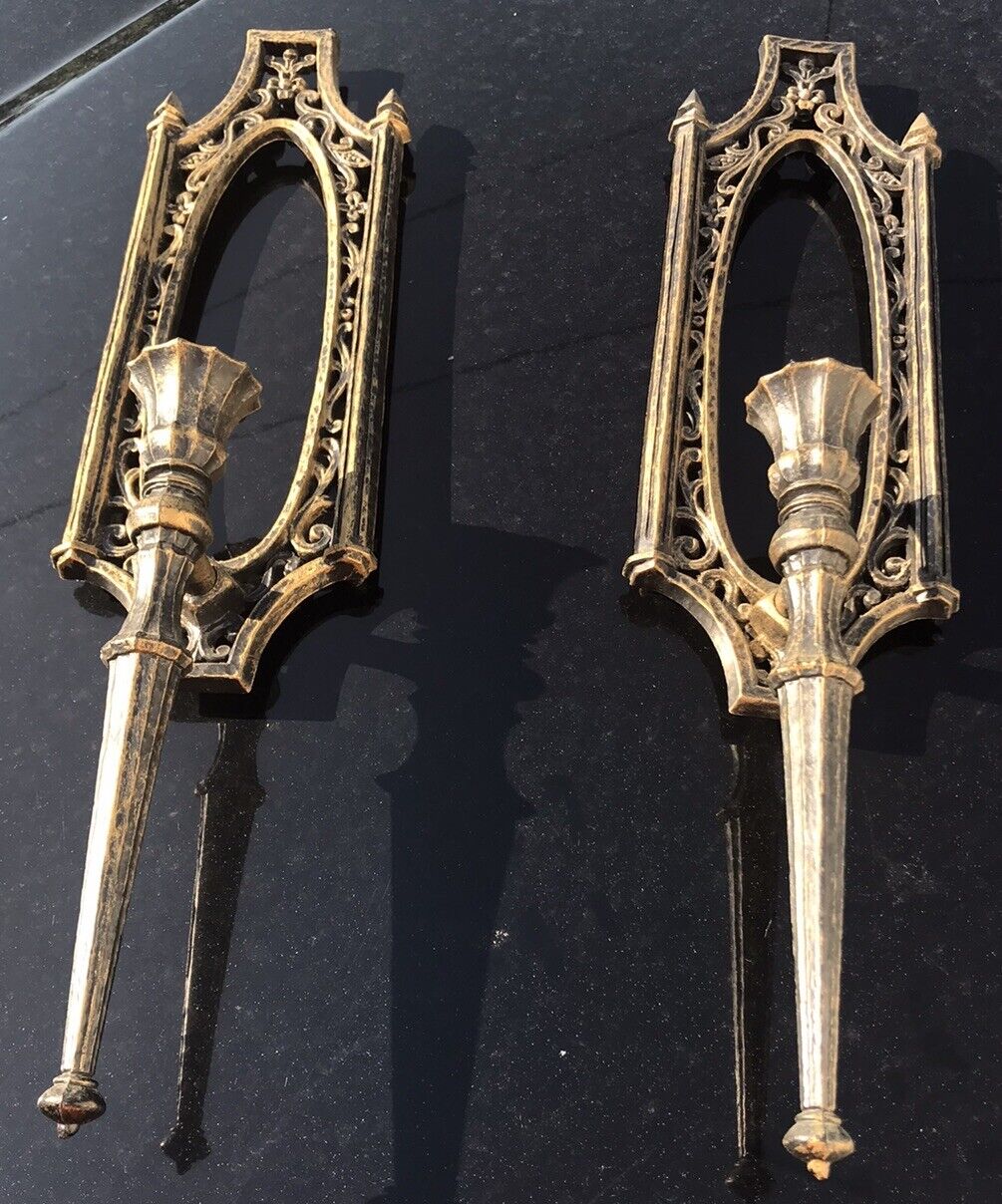 Pair Homco Aged Gold Wall Sconces MCM 1965 Plastic Candle Holder Wall Hanging