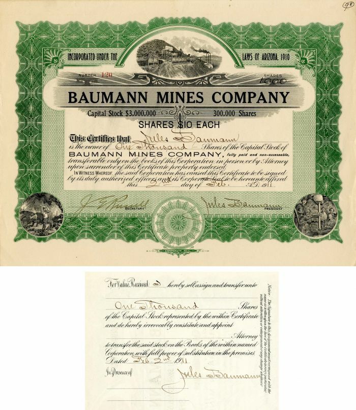 Baumann Mines Co. Issued to and Signed by Jules Baumann - Autographed Stocks & B