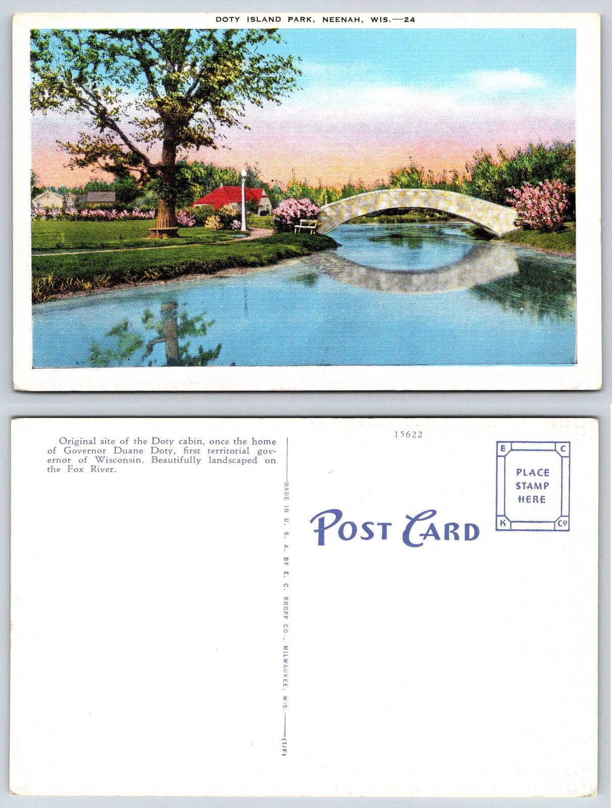 Neenah Wisconsin DOTY ISLAND PARK BRIDGE Postcard g216