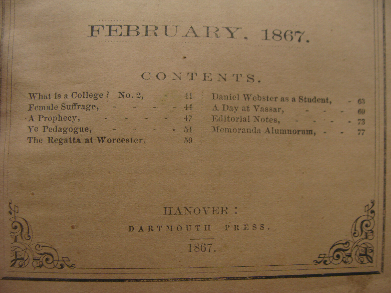 original DARTMOUTH COLLEGE -- february 1867 -- THE DARTMOUTH - 40pgs 