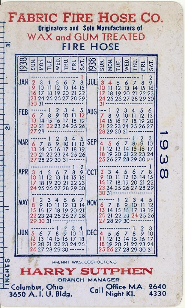 1938 Advertising Pocket Calendar \