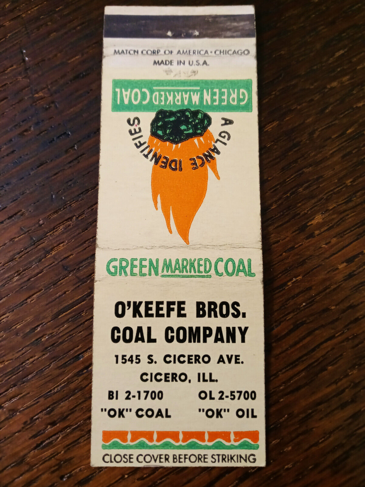 Vintage Matchcover: Green Marked Coal, O\'Keefe Bros, Cicero, IL