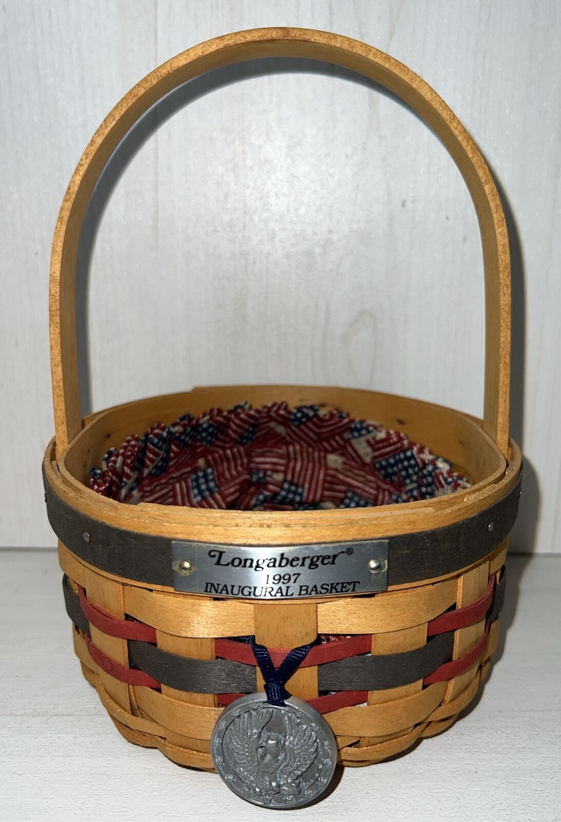 Longaberger 1997 Inaugural Basket Combo Classic Stain w/Blue & Red Weave EUC