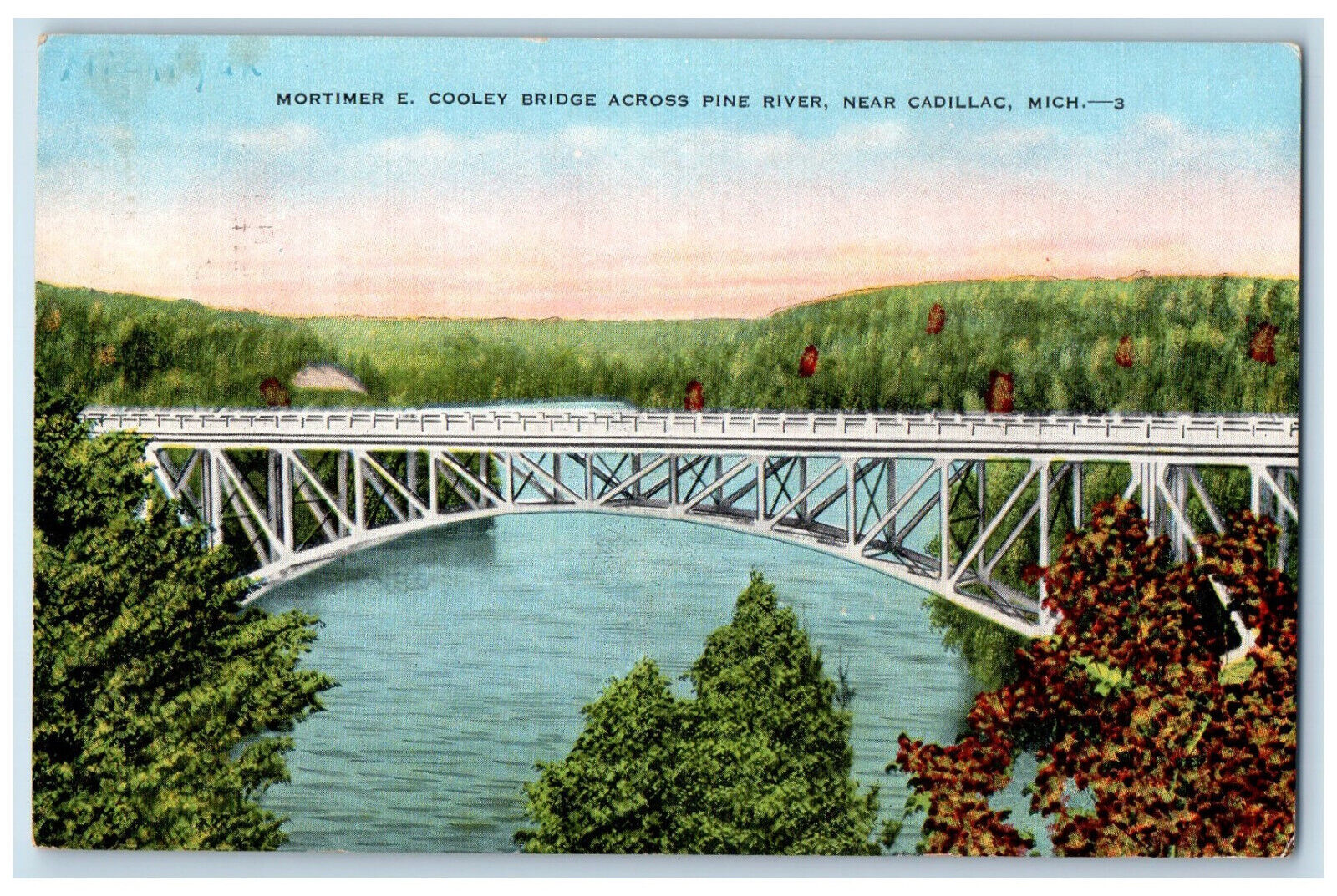 1958 Mortimer E Cooley Bridge Across Pine River Near Cadillac MI Postcard