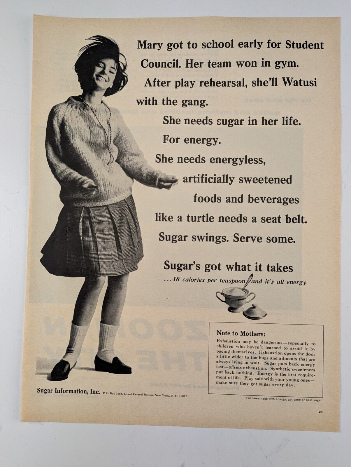 1965 SUGAR INFORMATION, Inc. Magazine AD ~ ENERGY ~ Teenage Girl ~ SUGAR SWINGS