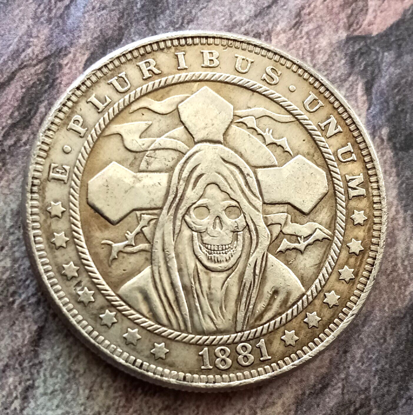 Creepy Demon with Cross Occult  Coin  Dollar Token  Nice Details Witchcraft Bats