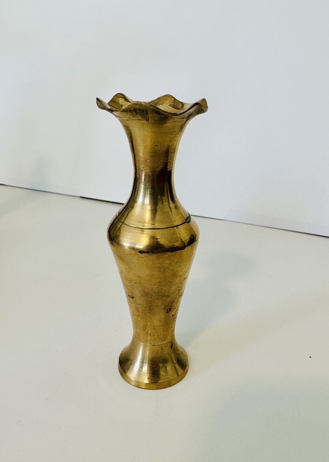 6” Ruffle Top Brass Vase Vintage MCM Retro