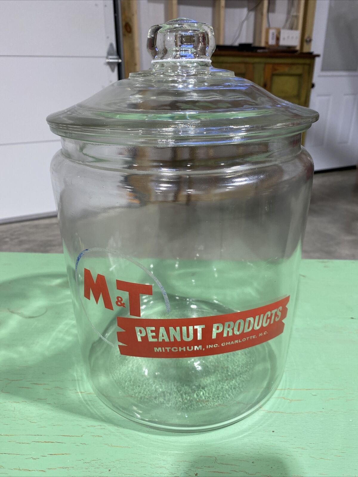 Antique M&T Peanut  Glass Jar With Lid , Charlotte North Carolina , Mitchum Inc.