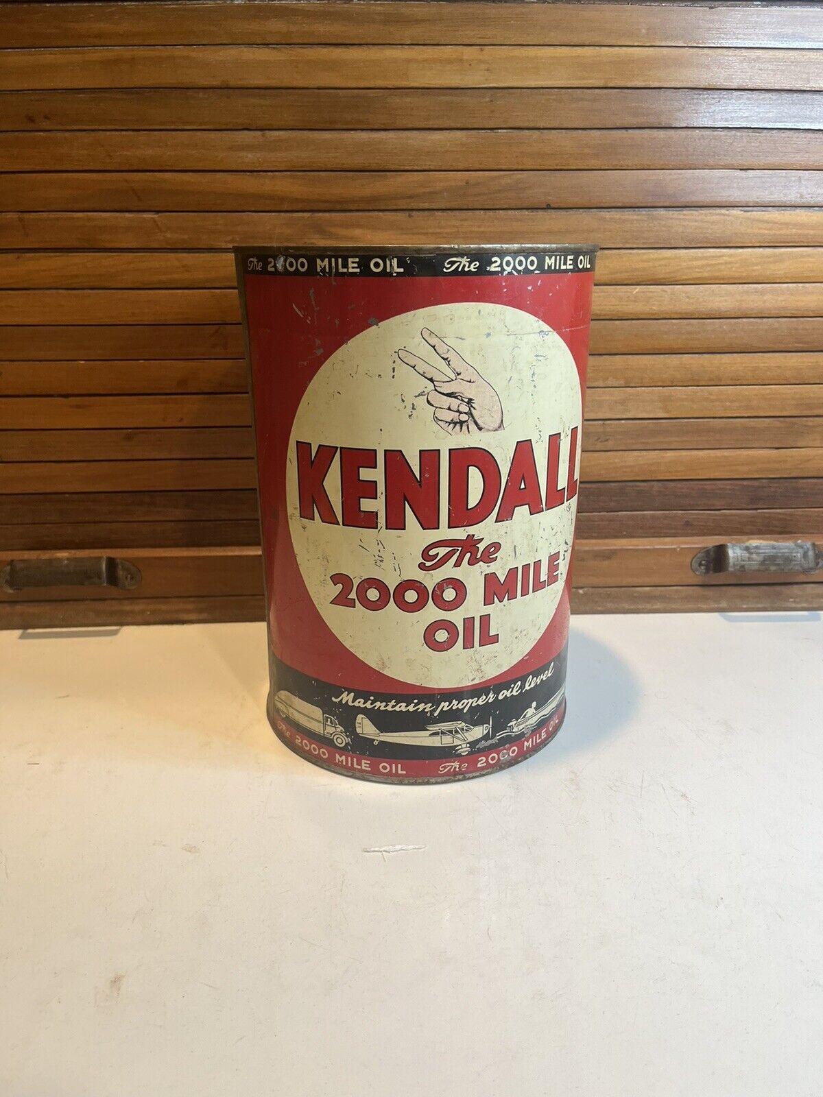 VINTAGE Empty 5-QUART~ KENDALL- THE 2000 MILE MOTOR OIL CAN~ NO TOP
