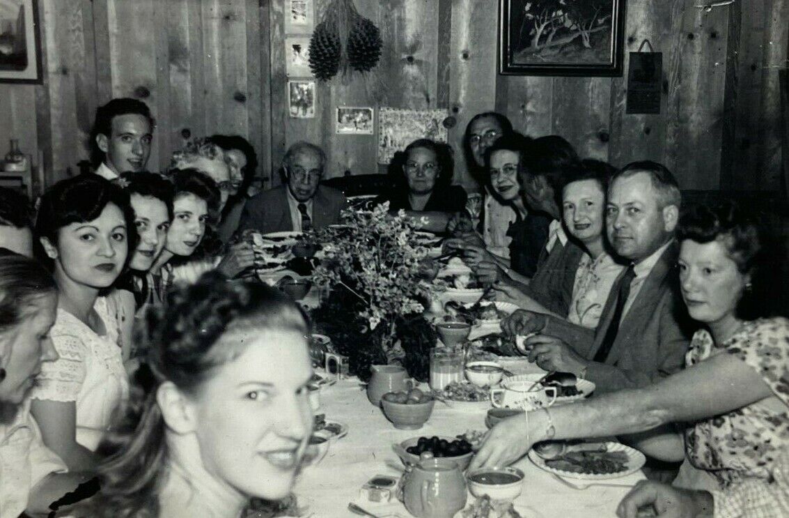 Group Of People At Table Eating Dinner B&W Photograph Snapshot 3.25 x 4.5