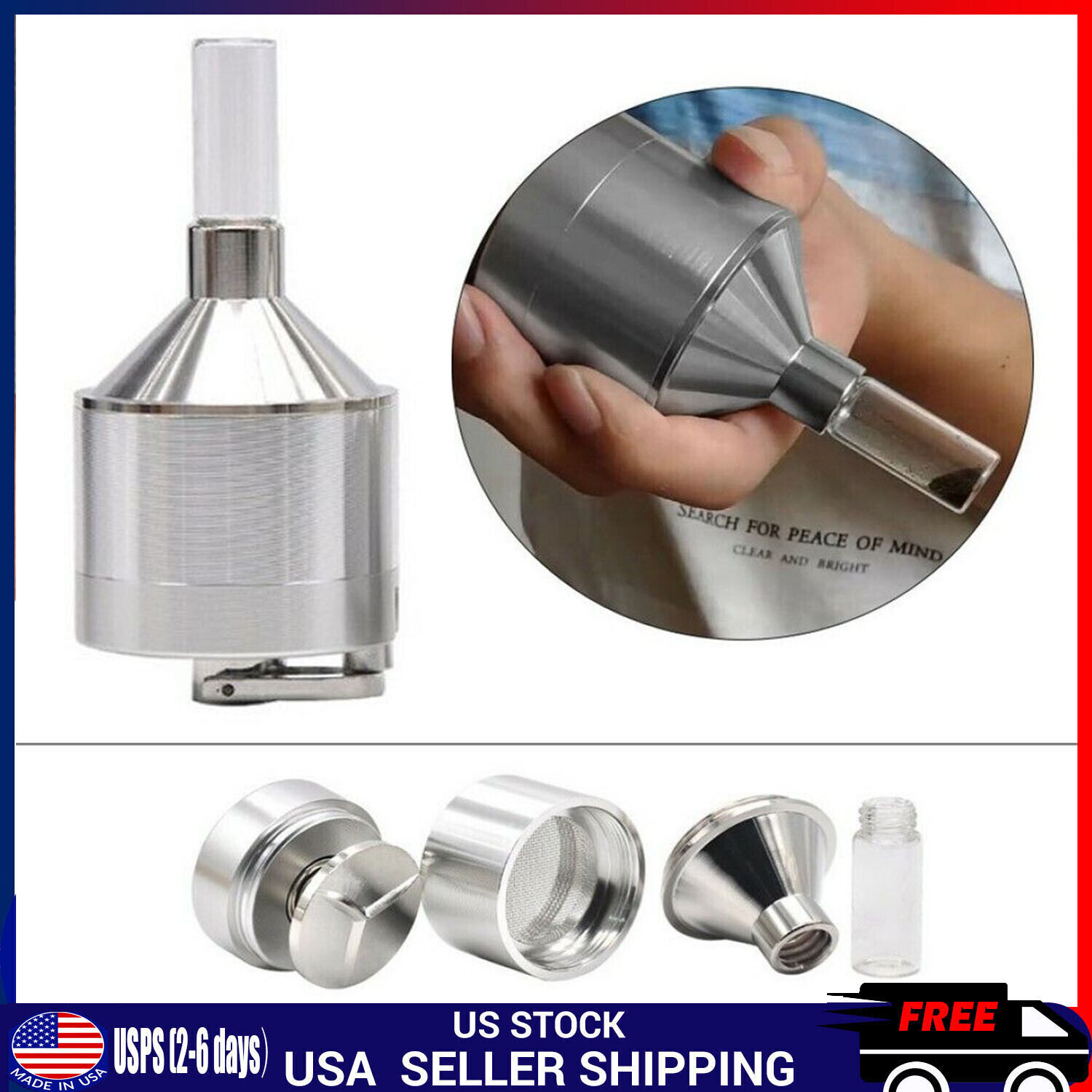 Portable Metal Powder Grinder Hand Mill Funnel Tool with Snuff Glass Bottles NEW