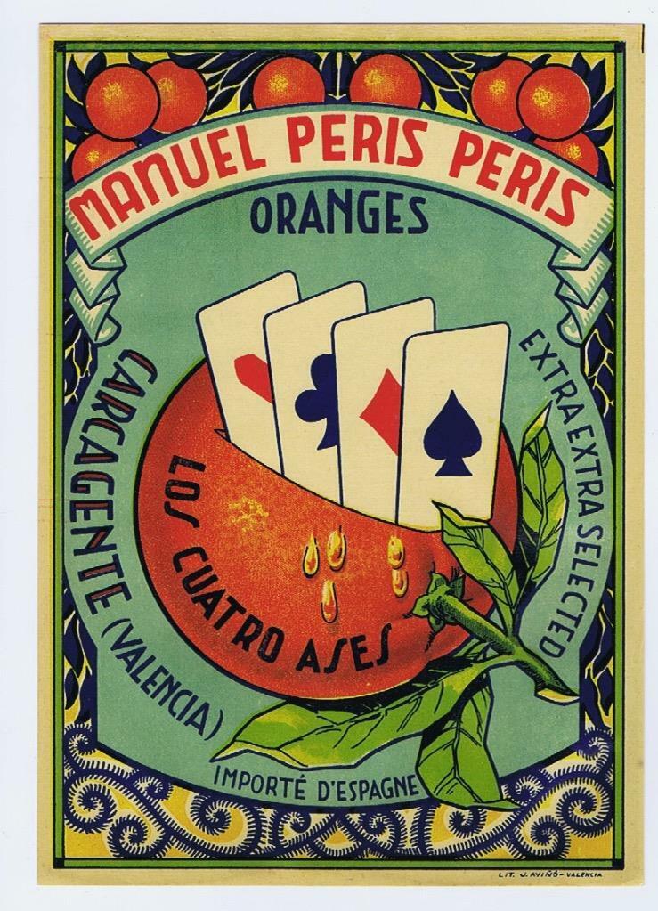 Los Cuatro Ases 4 Aces Playing Cards orange crate label poker gambling