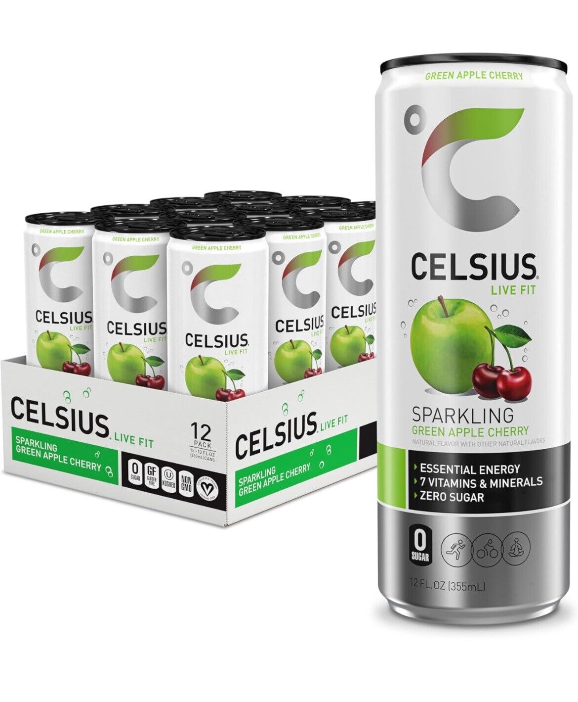 Celsius Sparkling Green Apple Cherry, Functional Essential Drink 12oz 12 Pack