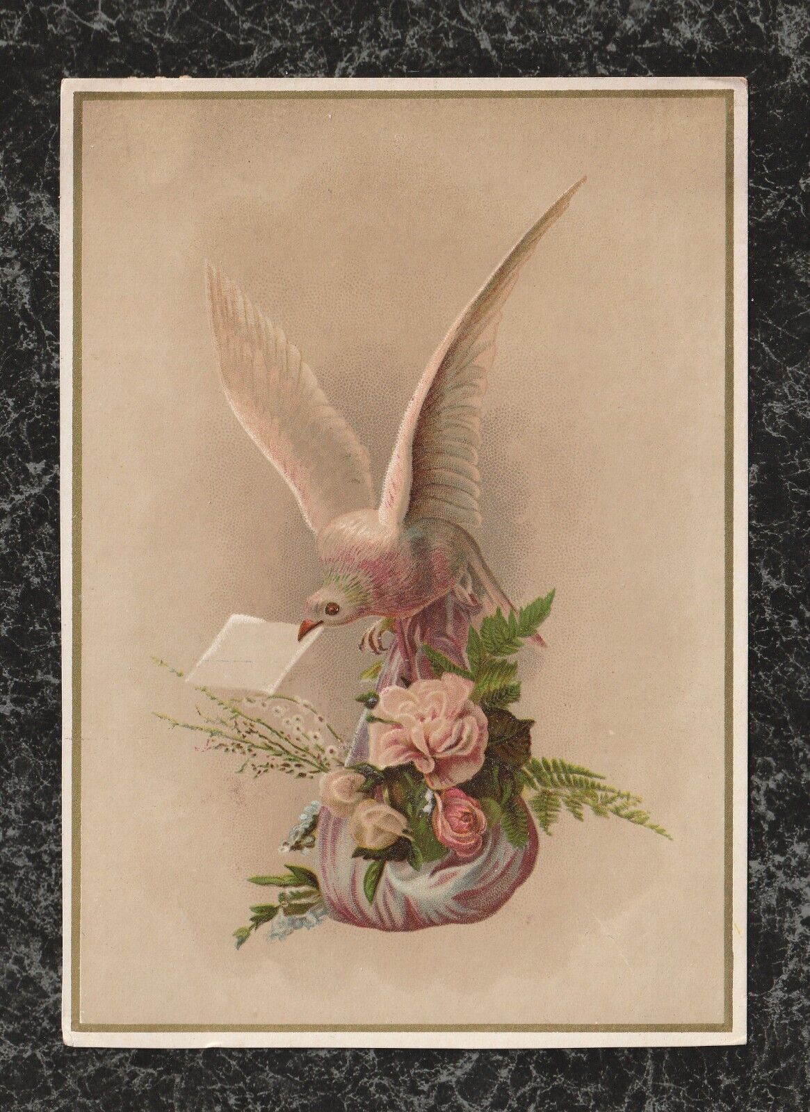 Original Victorian Trade Card Unbranded Dove Delivers Letter & Bouquet 6.5x4.75