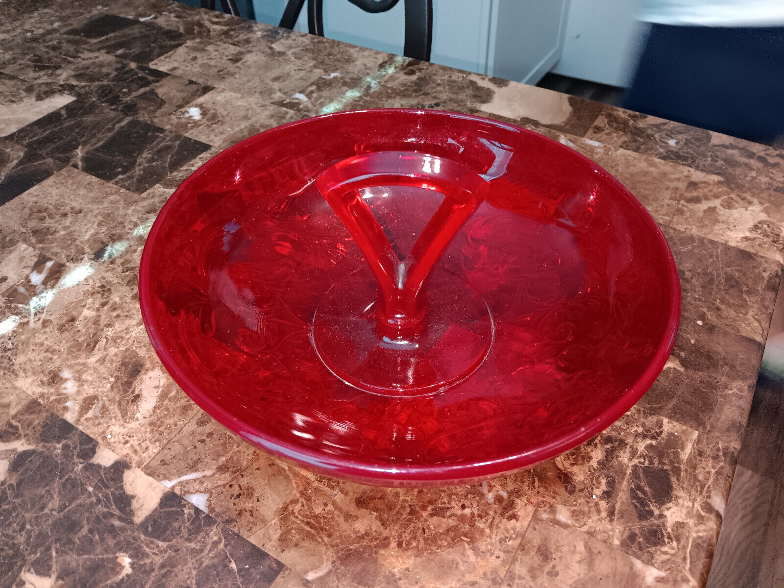 VTG Mckee rock Crystal Center Handle bowl server  Ruby  red. 8 3/4\