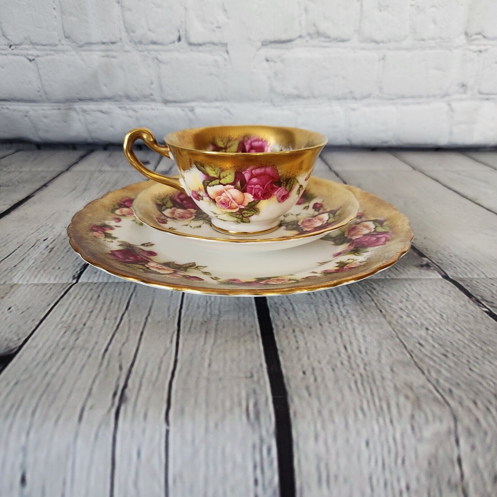 Royal Chelsea Bone China Cup Saucer Bread Plate Golden Rose Pattern 