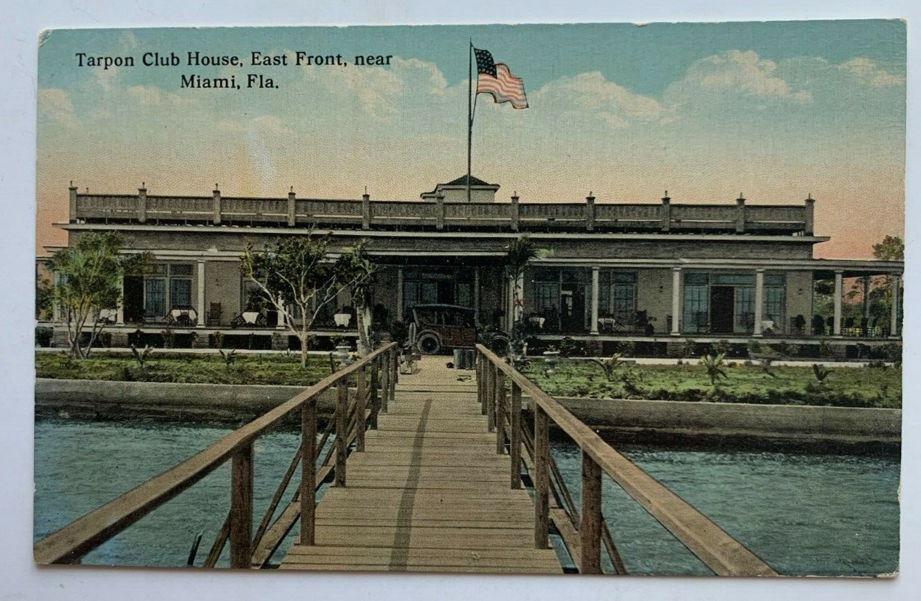FL Postcard Miami Florida Tarpon Club House East Front vintage car auto dock