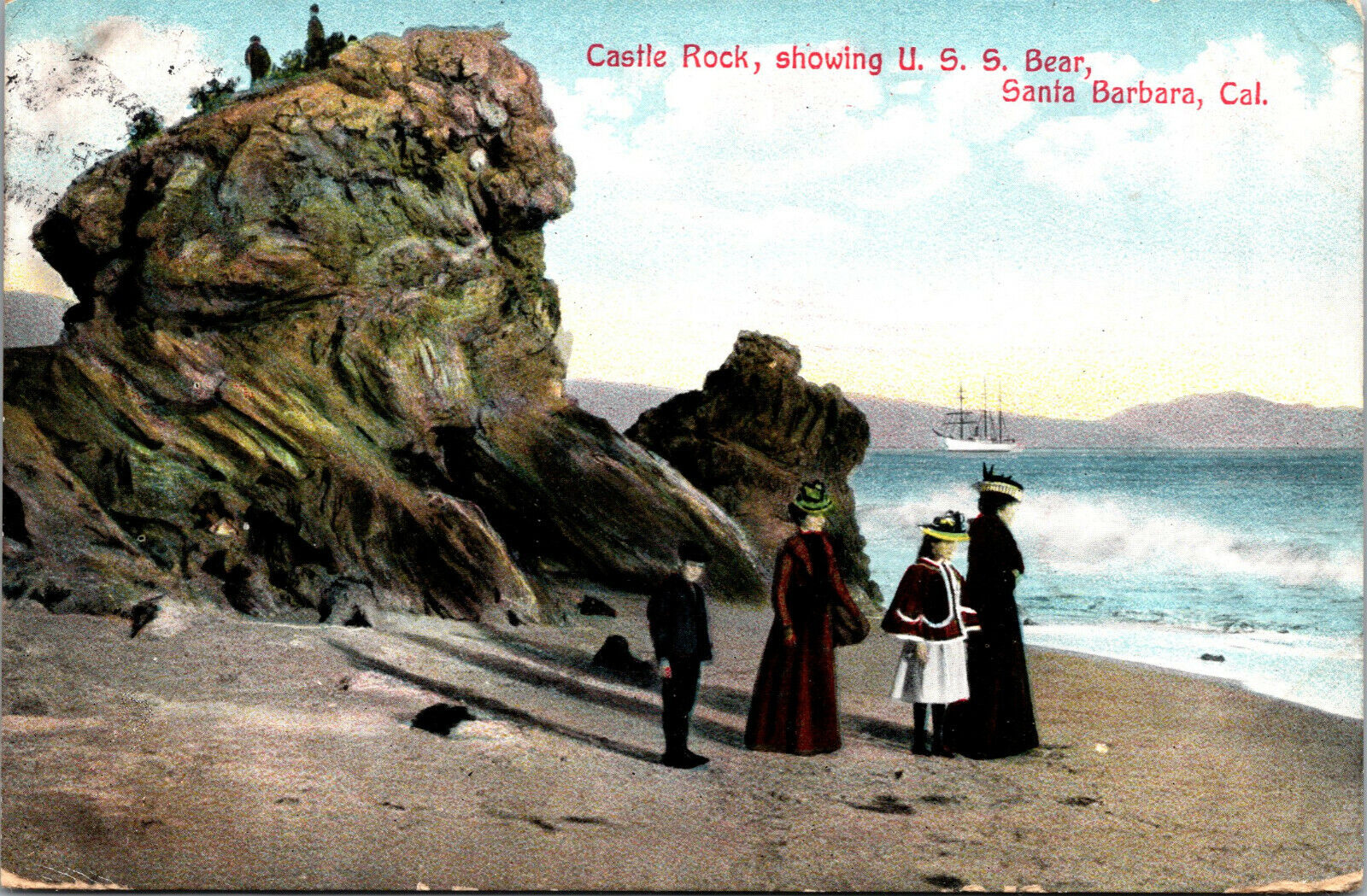 Vtg 1910s Castle Rock showing USS Bear Santa Barbara California CA Postcard