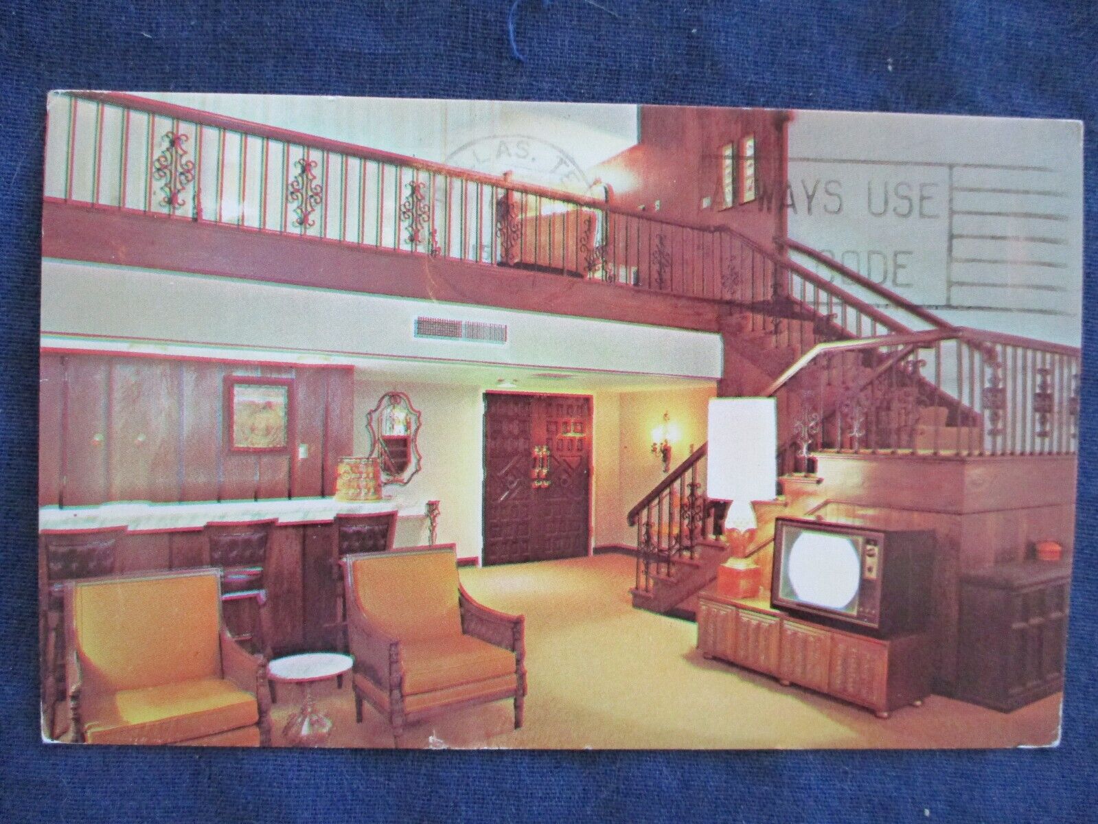 1967 Dallas Texas Marriot Motor Hotel Lobby Interior TV Postcard & Cancel