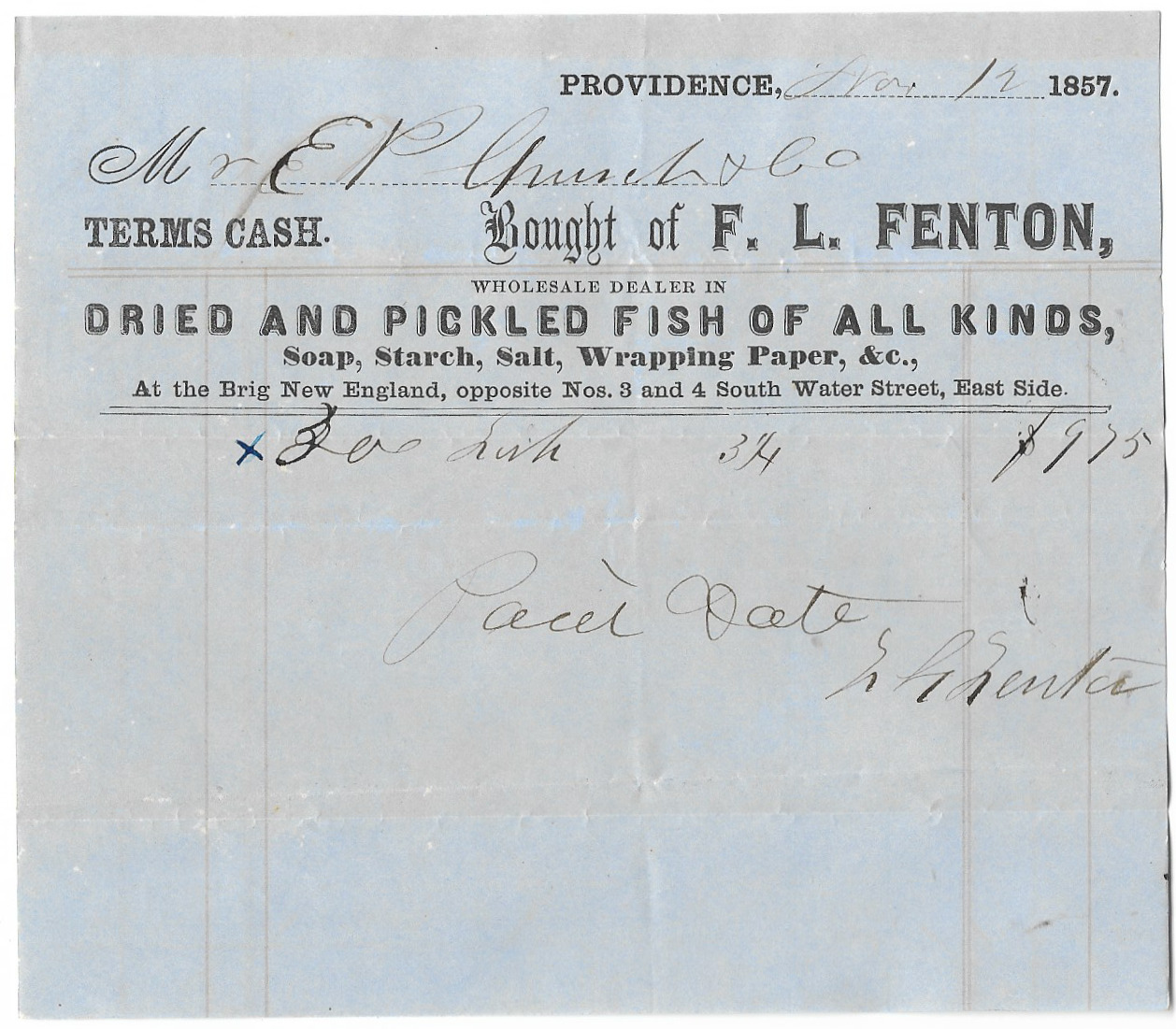 1857 F.L. FENTON PROVIDENCE, R.I. RECEIPT-FREE USA SHIP-FISH