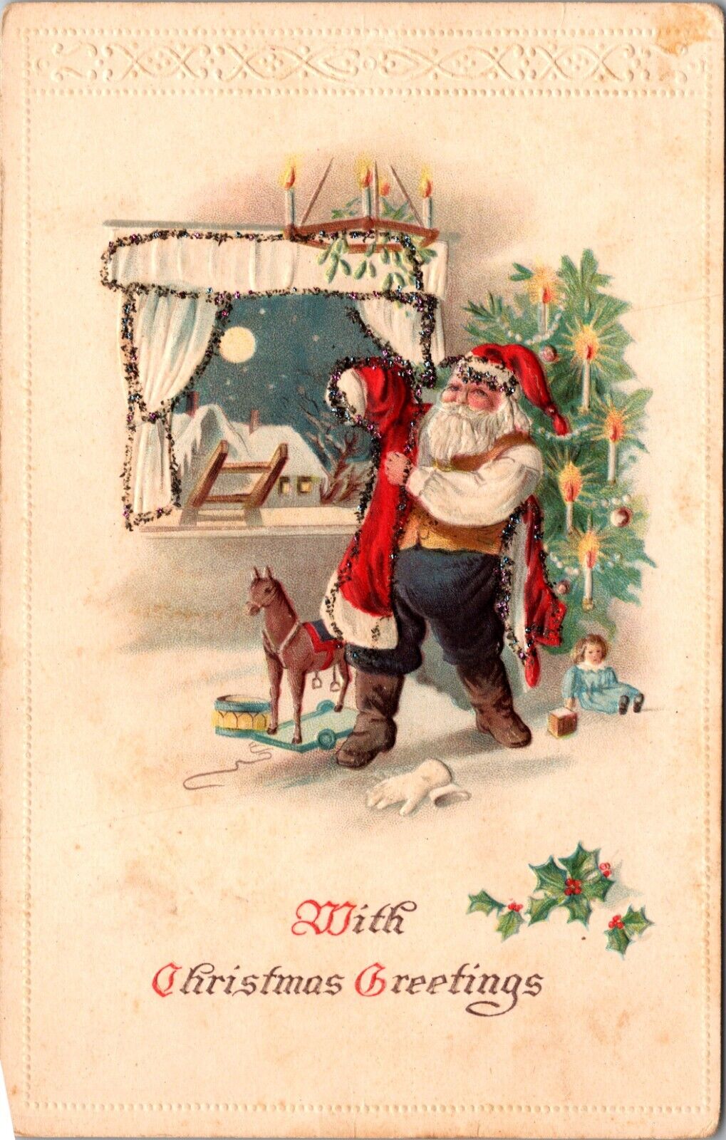 Christmas Greetings Santa Putting On His Coat Christmas Tree Vintage Postcard