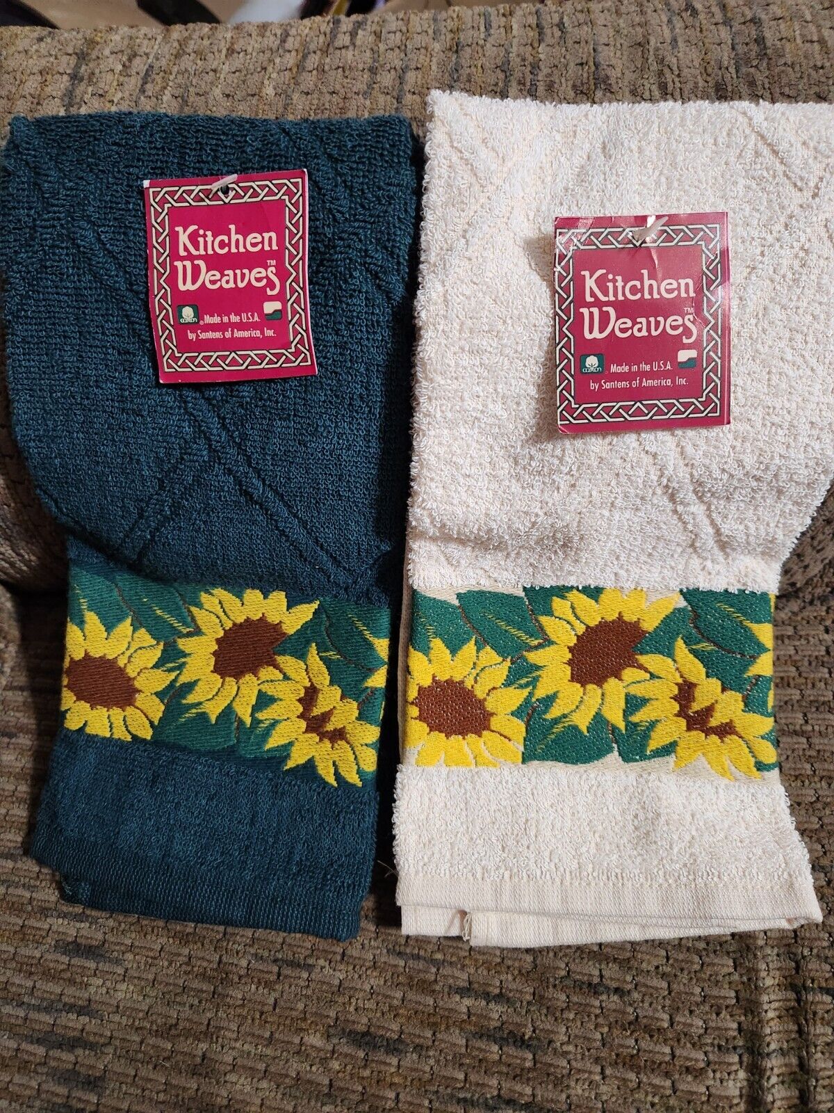 Vintage Kitchen Weaves Kitchen Towels Sunflower Green Beige 2 Lot 16x24in USA 