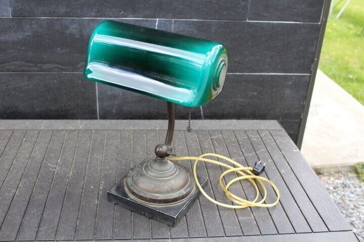 Antique Original Verdelite Brass Desk Bankers Lamp Glass Shade Roll Top Lamp