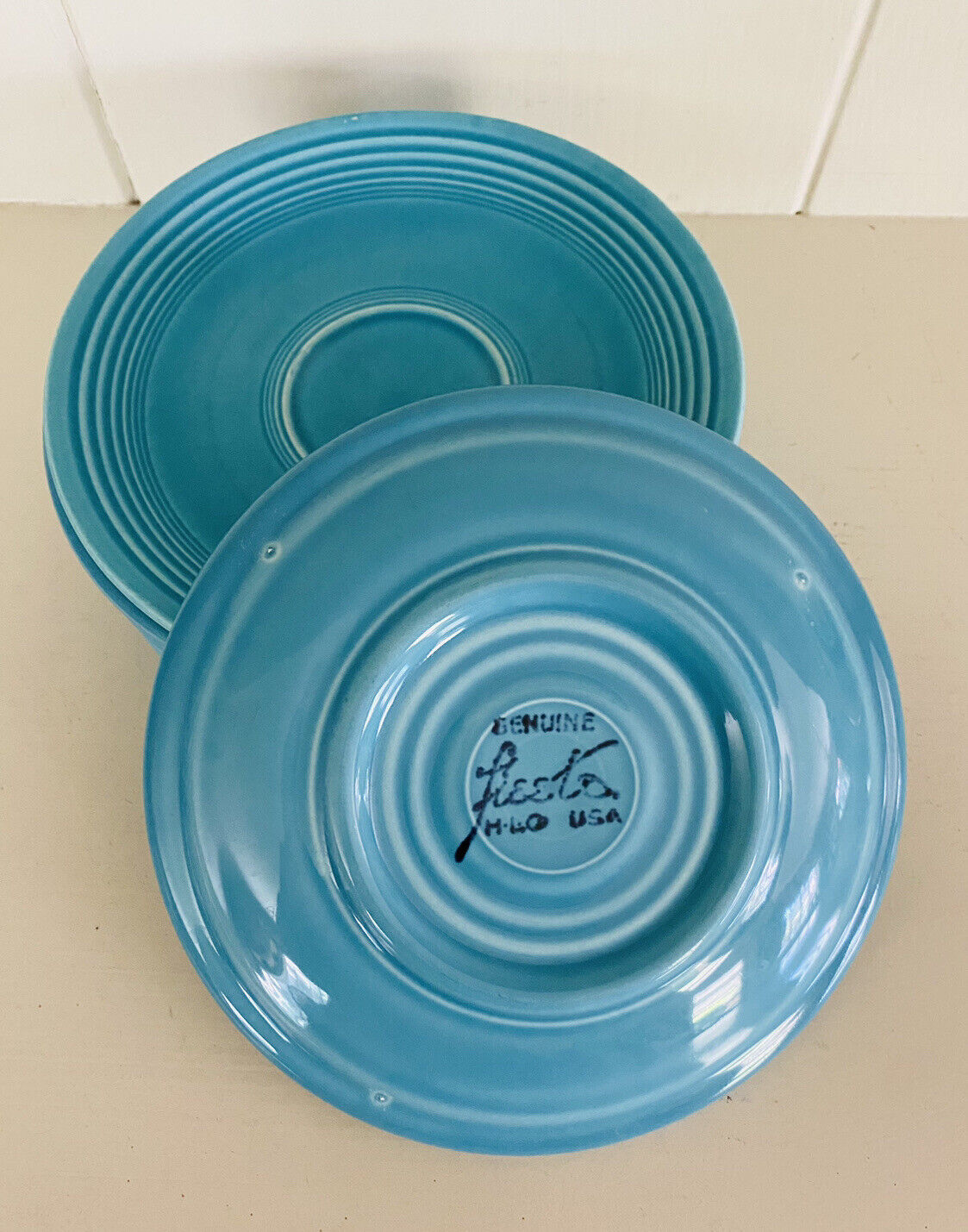 Set Of 6 Vtg 1930s Fiesta Homer Laughlin 6” Saucer Plates Turquoise Ink Marking
